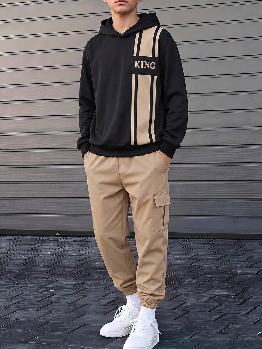 SHEIN 2件組青少年男孩童裝套裝，男孩連帽衛衣與運動長褲，秋冬拼接款連帽衛衣與運動長褲兩件套，高CP值，適合通勤、上學、日常休閒、大學、旅行與運動