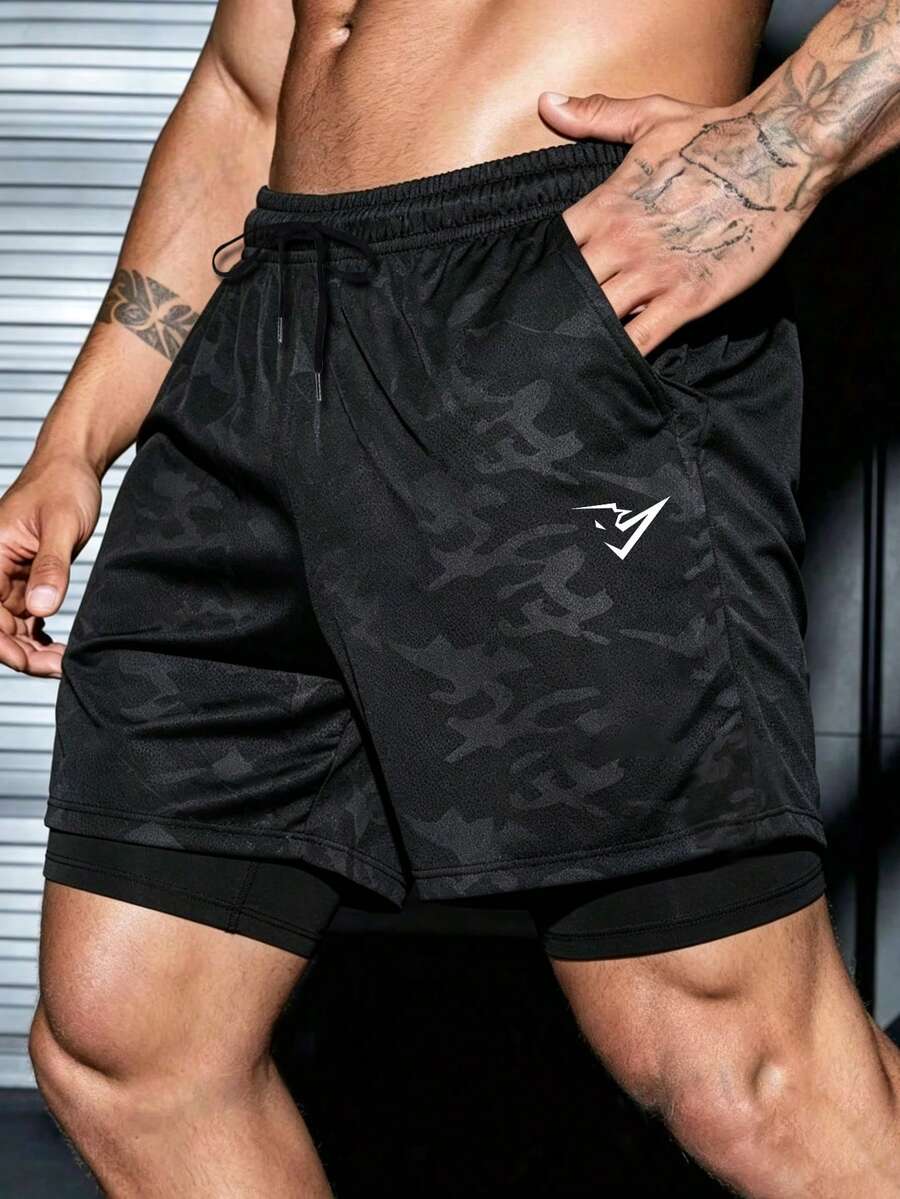 Gym Rark 男士幾何迷彩印花抽繩腰雙層運動短褲 - 黑色 - 查看 1