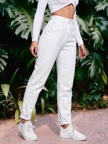 EMERY ROSE Casual Versatile Solid Color Distressed Denim Jeans - White - View 4