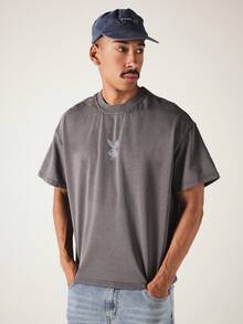 PLAYBOY X SUMWON Oversized Bunny Washed Charcoal Boxy Crop Tee With Chest Logo And Full Back Graphic Slogan Print Short Sleeve Crew Neck T-Shirt - Dark Grey - View 4