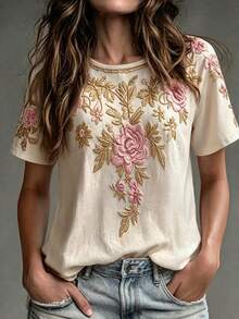 SHEIN Holidaya Women's Faux Embroidery Casual Boho Vacation Round Neck Short Sleeve T-Shirt Vacation Beige Summer - Apricot - View 1