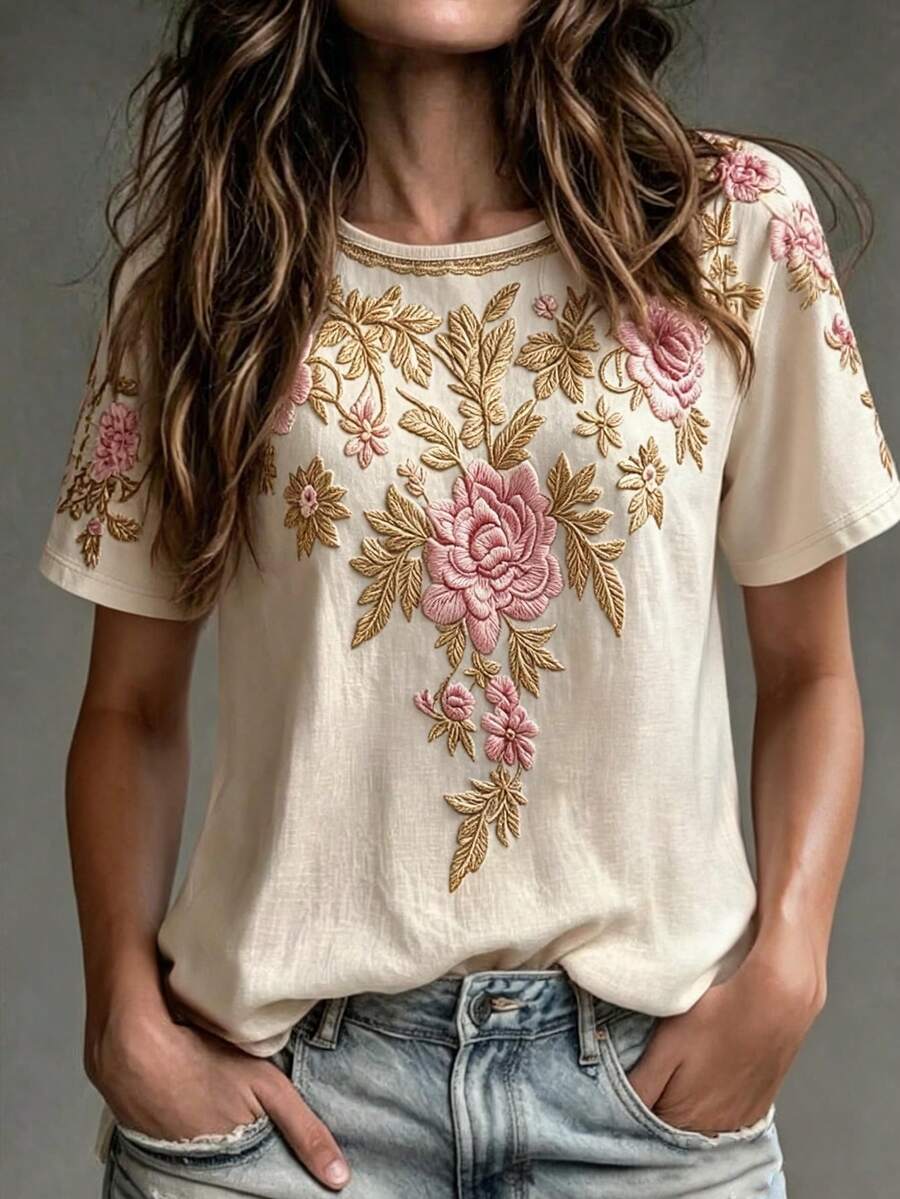 SHEIN Holidaya Women's Faux Embroidery Casual Boho Vacation Round Neck Short Sleeve T-Shirt Vacation Beige Summer - Apricot - View 1