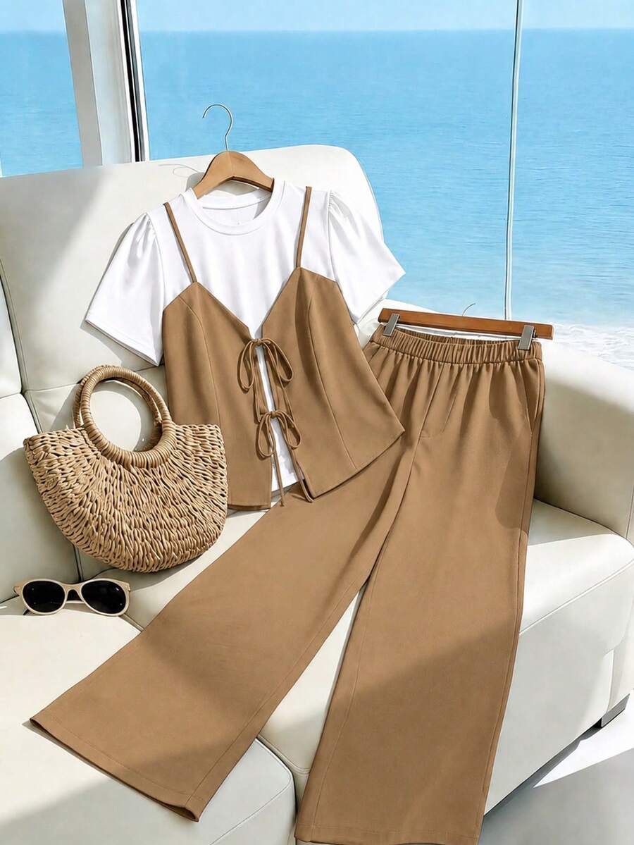 GlowEve CURVE Plus Size Women 2pcs Set Solid Color Contrast Tie-Up Knit 2 In 1 Short Sleeve T-Shirt Top And Long Loose Straight Leg Pants, Suitable For Daily Casual Commute Wear - Khaki - View 1