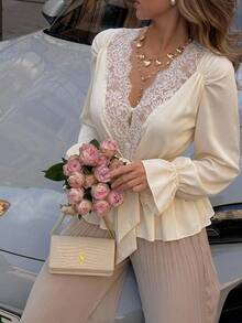 Serisse Women's Solid Color Contrast Lace Long Sleeve Waist Tie Elegant Blouse Dinner Date Date Night Beige Autumn - Apricot - View 13