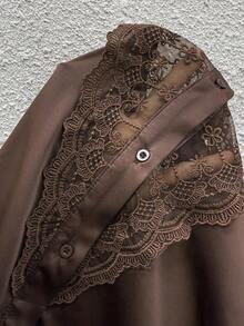 Reflora Plus Size Women's Lace Patchwork Casual Versatile Daily Wear Blouse Fall - Brown - View 6