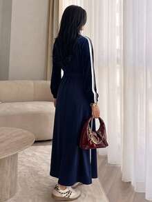 Solavon Gaun Sweatshirt Kasual Lengan Panjang Raglan dengan Garis Samping untuk Wanita - Royal Blue - View 2