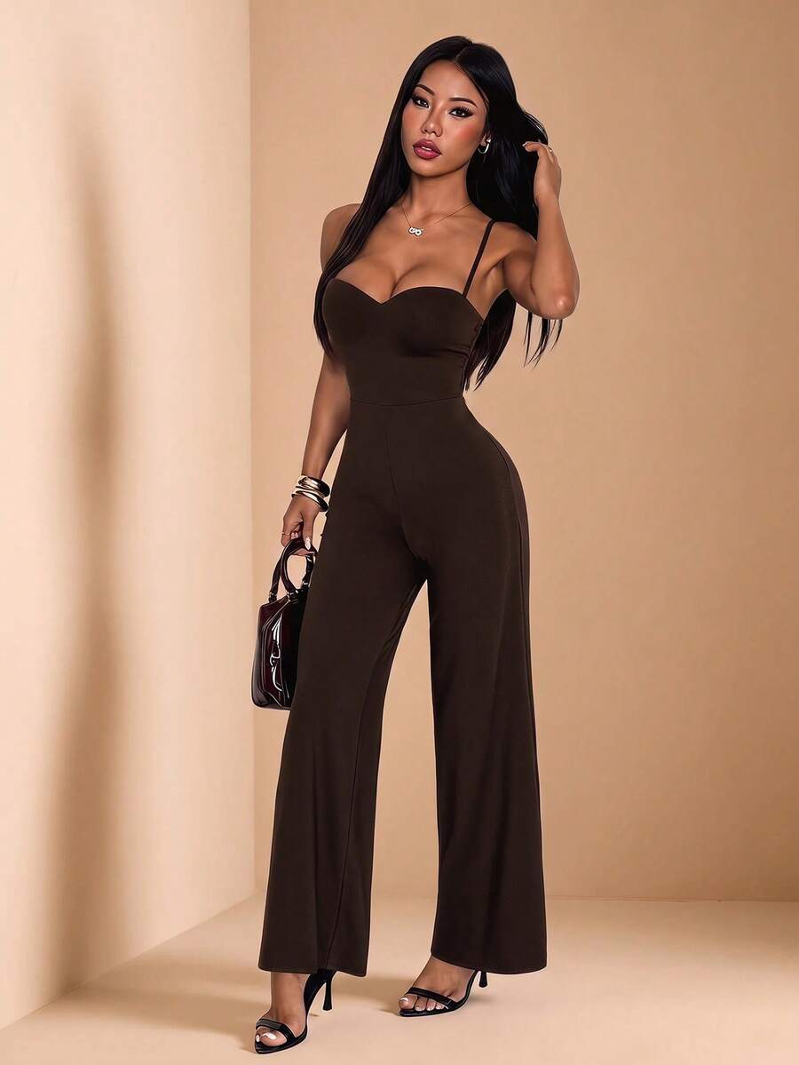 SHEIN PETITE 女款優雅簡約連身褲 - 棕色 - 查看 1