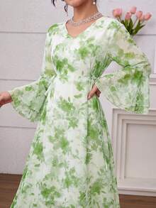 Yasmyna 女款V領花卉印花休閒派對喇叭裙 - 綠色 - 查看 2
