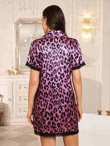 LuxeNights Women's Elegant Satin Pink Leopard Print Lace Trim Pocket Embroidered Short Sleeve Collared Nightgown - Pink - View 2