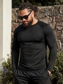 EASEVO Plus Size Men's Solid Color Round Neck Fitted Casual Rash Guard, Daily Wear & Sun Protection, Vacation, Father's Day Gifts - Black - View 1