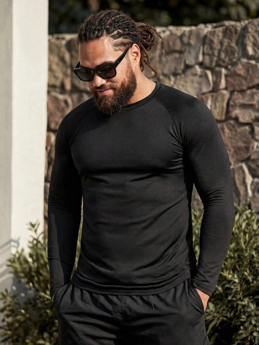 EASEVO Plus Size Men's Solid Color Round Neck Fitted Casual Rash Guard, Daily Wear & Sun Protection, Vacation, Father's Day Gifts - Black - View 1