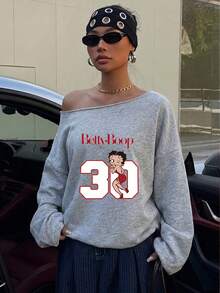 Betty Boop x SHEIN SHEIN EZwear 淺灰色女款露肩聯名印花鬆身休閒長袖衛衣，34%棉，適合外出、返校、街頭穿搭，春秋款 - 灰色 - 查看 3