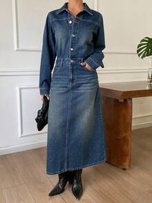 DAZY Đầm sơ mi denim nữ cổ bẻ tay dài phong cách urban casual cho mùa thu - Rửa trung bình - Xem 3