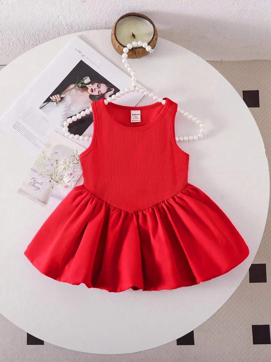 SHEIN Babygirl 可爱粉色针织无袖连体衣(夏季) - 紅色 - 查看 1