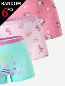 SHEIN 6条装女童可爱卡通像素熊、美人鱼、独角兽、火烈鸟印花随机款透气纯棉三角裤，四季皆宜 - 彩色 - 查看 5