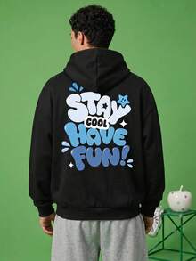 FROVYX Black Short Loose Drop Shoulder Hoodie, Cartoon Letter Print, Casual & Fun, Suitable For Daily Wear - Black - View 5