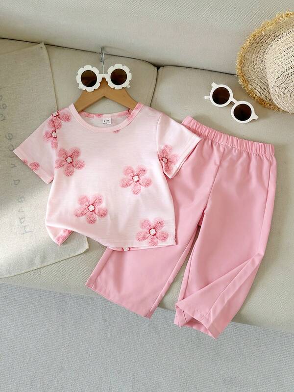SHEIN Conjunto de 2 piezas para niña bebé, top de manga corta con cuello redondo y estampado, pantalones largos rosas, suave, minimalista, elegante, versátil y casual, adecuado para verano, escuela, vacaciones, viajes, diversas ocasiones y uso diario
