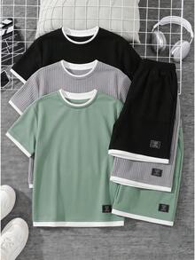 SHEIN 兒童 2 件組青少年男孩字母拼接設計 2 合 1 灰色 T 恤與短褲，舒適面料，時尚版型，春夏新品，適合多季節與多場合 - 彩色 - 查看 2