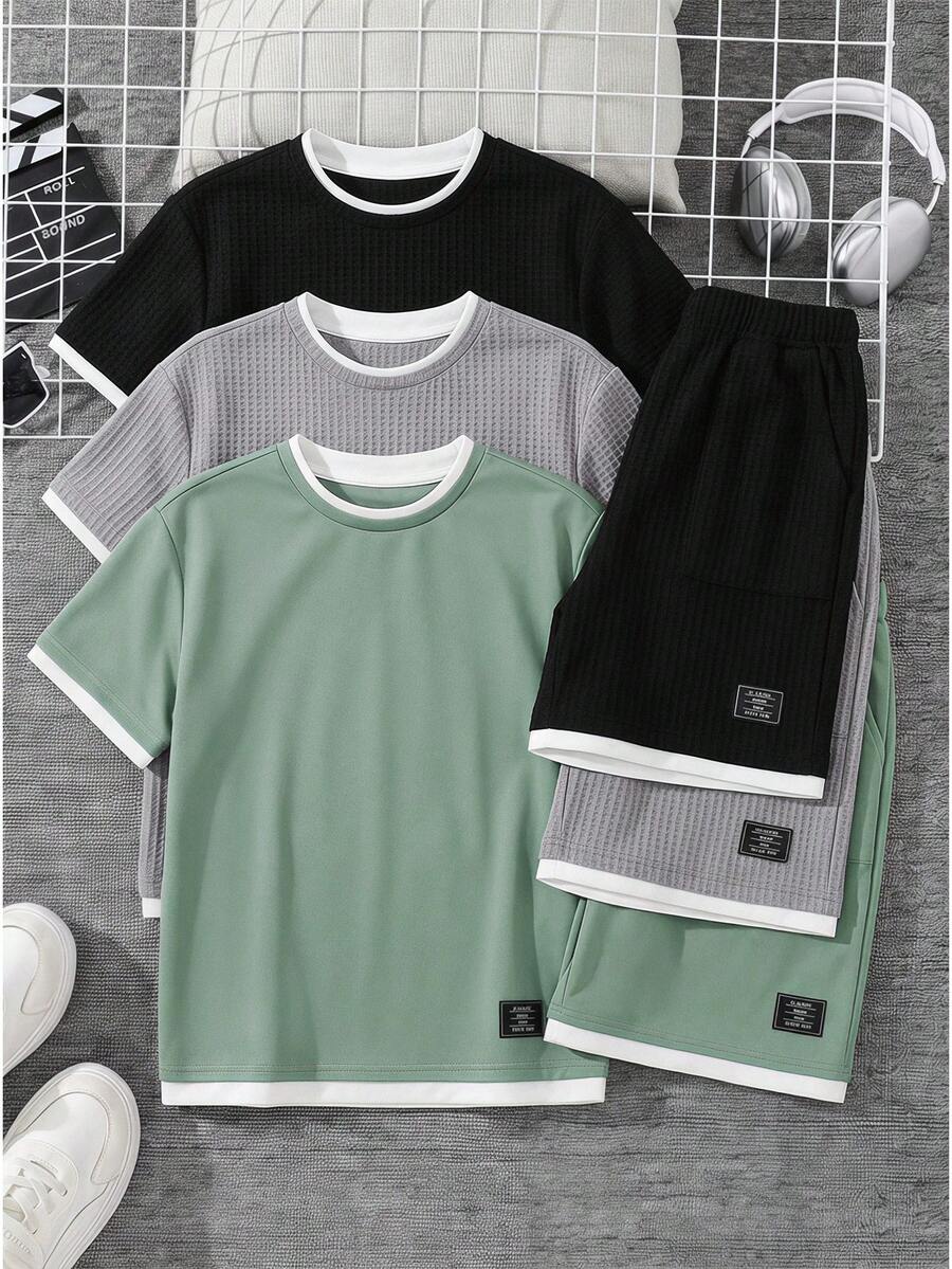 SHEIN 兒童 2 件組青少年男孩字母拼接設計 2 合 1 灰色 T 恤與短褲，舒適面料，時尚版型，春夏新品，適合多季節與多場合