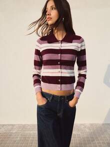 Nöista Stripe Knit Cardigan In Burgundy, Lilac And Cream Tones With Collar And Button Front. Perfect For Office Wear, Layering And Day-To-Night - Purple - View 5