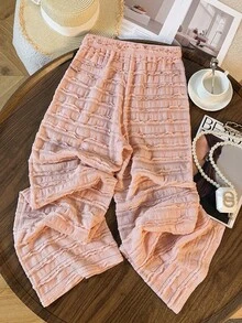 GlowEve 2025夏季女士法式复古荷叶边修身直筒长款休闲裤 - 粉色 - 查看 2