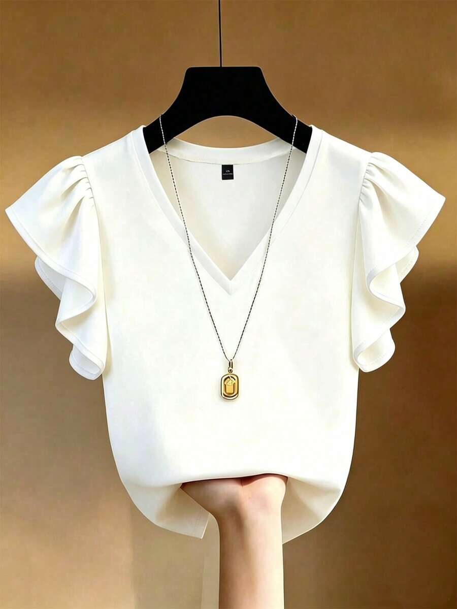 EMERY ROSE Camiseta de manga corta con cuello en V y ribete de volantes, elegante estilo francés, talla grande, ajuste ceñido - Multicolor - Ver 1