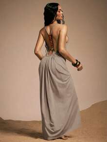 Hauture Women's Sexy High Neck Backless Maxi Dress With Bamboo Ring And Wooden Bead Decor - Grey - View 5