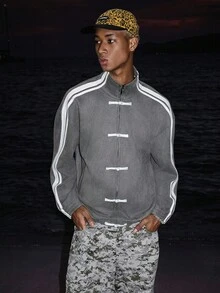 STEELVANCE Men's Suede-Look Retro Streetwear Jacket With Frog Button Closure Grey Winter - Grey - View 2