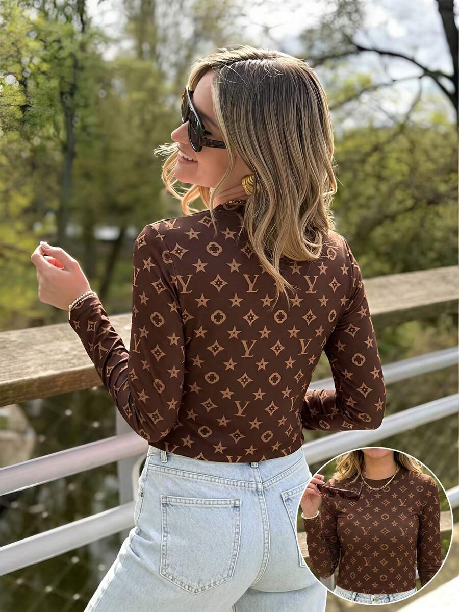 DrmWander Casual Streetwear Women's All-Over Print Crew Neck Long Sleeve T-Shirt For Daily Wear Weekend Everyday Brown Autumn - Multicolor - View 1