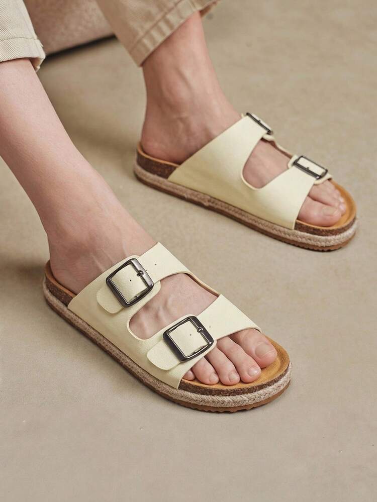 Solecia A Pair Of Women's Summer New Round Toe Flat Bottom Thick Bottom Sandals Slip-On Belt Buckle Decoration Solid Color Simple Fashion Sandals - Beige - View 6