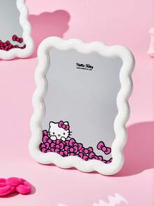 HELLO KITTY AND FRIENDS | SHEIN 波浪奶白色邊框桌上鏡，可愛貓咪與蝴蝶結印花，高清晰玻璃，適合化妝使用，適用於書桌、臥室與宿舍 - 白色 - 查看 1