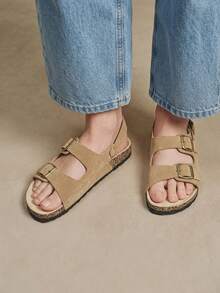 Solecia Three-Buckle Rear Strap Cork Sandals Women, Retro Suede Adjustable Buckle To Wear Boken Sandals - tawny - View 4
