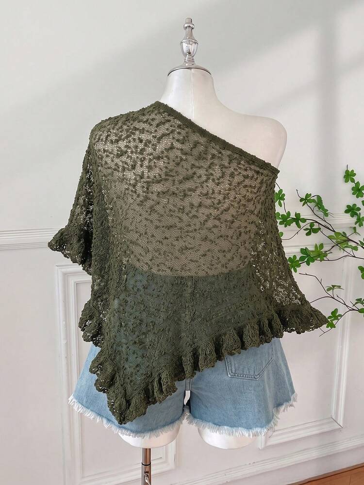 SHEIN EZwear Plus Size Women Solid Color Asymmetric Shoulder Knit Top For Daily Wear - Army Green - View 2
