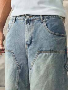 Men's Casual Pocketed Button Denim Shorts, Versatile For Daily Wear Cargo Pants - Blue - View 6