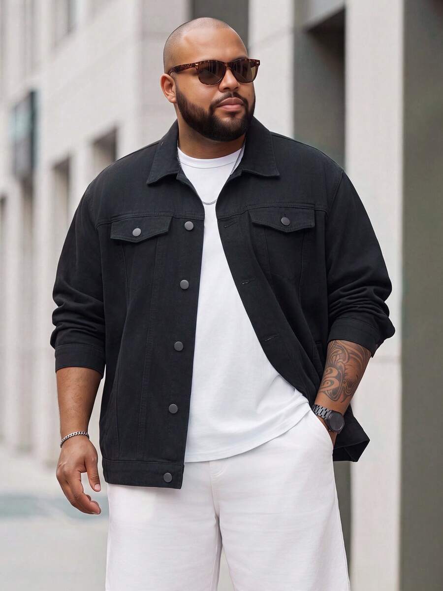 Sorvial Plus Size Men's Casual Washed Denim Jacket Black Jean Jacket Men - Black - View 1