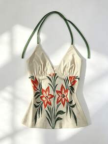 Franclia Women's Floral Print Vacation Ruched Halter Neck Tie Back Tank Top Beach Beige Summer Boho Tropical - Multicolor - View 2