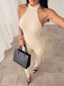 SHEIN PETITE 高領修身緊身七分褲連身褲，適合外出與日常穿著 - 杏色 - 查看 4