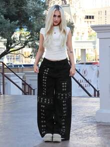 Grunge Punk ROMWE X Capri Everitt Spring Casual Black Punk Metal Rivet Studded Cross Embroidered Loose Wide-Leg Low Waist Jeans - Black - View 2