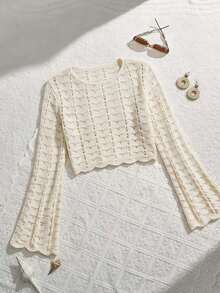SHEIN MOD Elegant Boho Women's Crochet Knit Bell Sleeve Crop Top Casual Hollow Out Sweater, Autumn Beach Vacation, Shopping, Party Attire Beige - Apricot - View 3