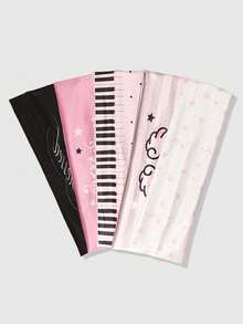 ROMWE Anime 5pcs Y2K Pink Cute Style Piano Keyboard Music Note Wing Letter Print Headbands, Versatile Hair Accessories For Yoga, Sports, Photography And Atmosphere - Multi-color C model - View 5