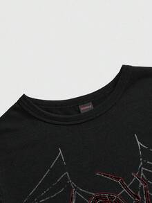 ROMWE Grunge Punk Spider Web Punk Dark Halloween Horror Gothic Goth Streetwear T-Shirt Going Out Night Out Black And White Checkered Summer - Black - View 3
