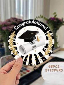 48pcs Graduation-Themed Stickers, Graduation Cap And Certificate Decorations, Gift Wrapping Envelope Stickers, Commemorative Stickers Suitable For Journals, Notebooks, And Photo Albums To Record Graduation Moments. - multicolor - View 3