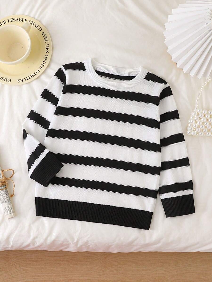 SHEIN Single Boys' Knitted Sweater, Stylish Striped Versatile Top - Royal Blue - View 1