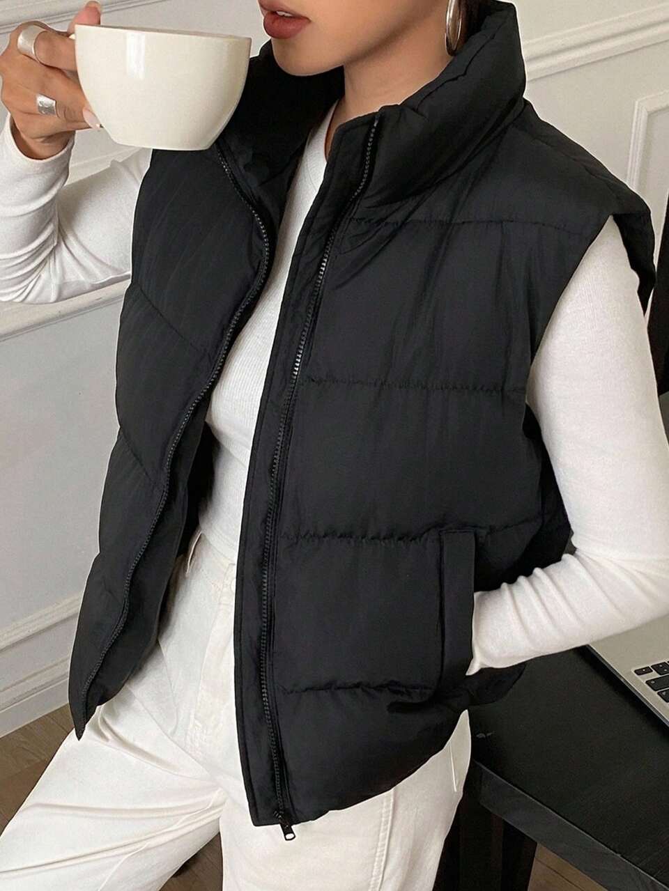 Women's Winter Warm Zipper Pocket Padded Vest Jacket Fall