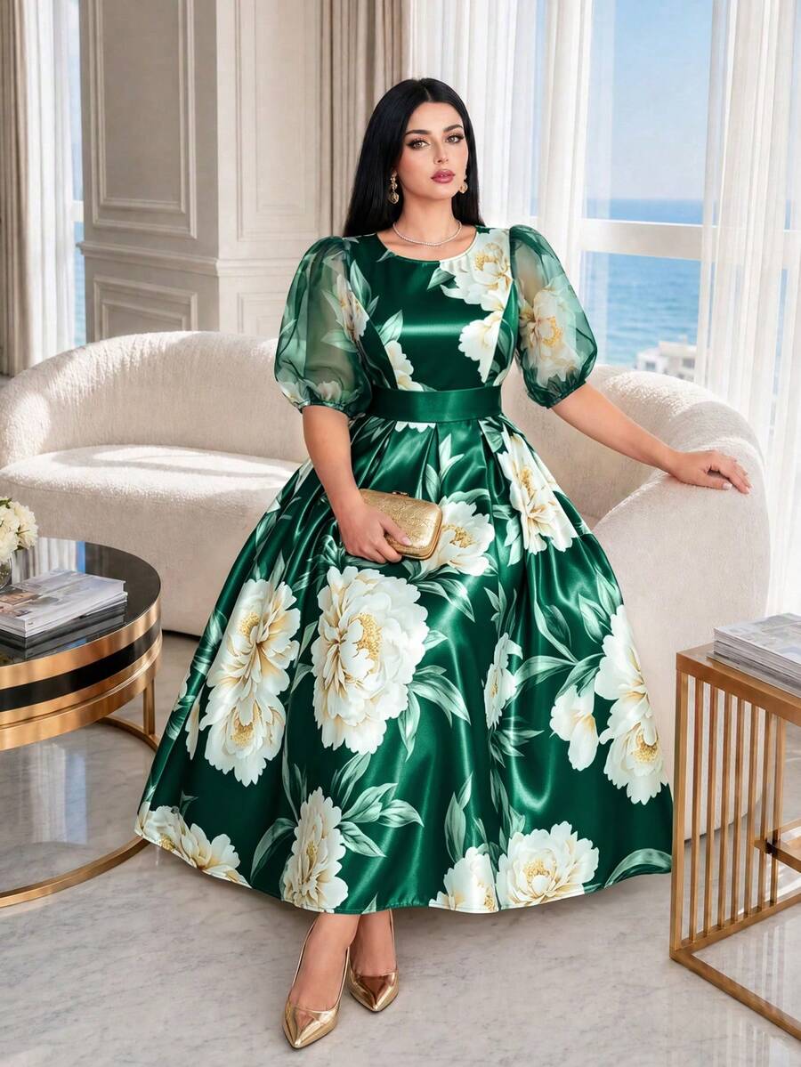 SHEIN Lady CURVE Plus Size Round Neck Raglan Petal Sleeve Summer Elegant Floral Print Dress Olive Green Birthday Evening Wedding Evening Evening Bride Vacation - Green - View 1