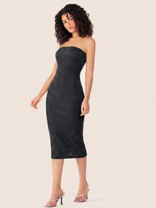 SHEIN BASICS 女款純色休閒日常無肩帶中長洋裝 - 黑色 - 查看 5