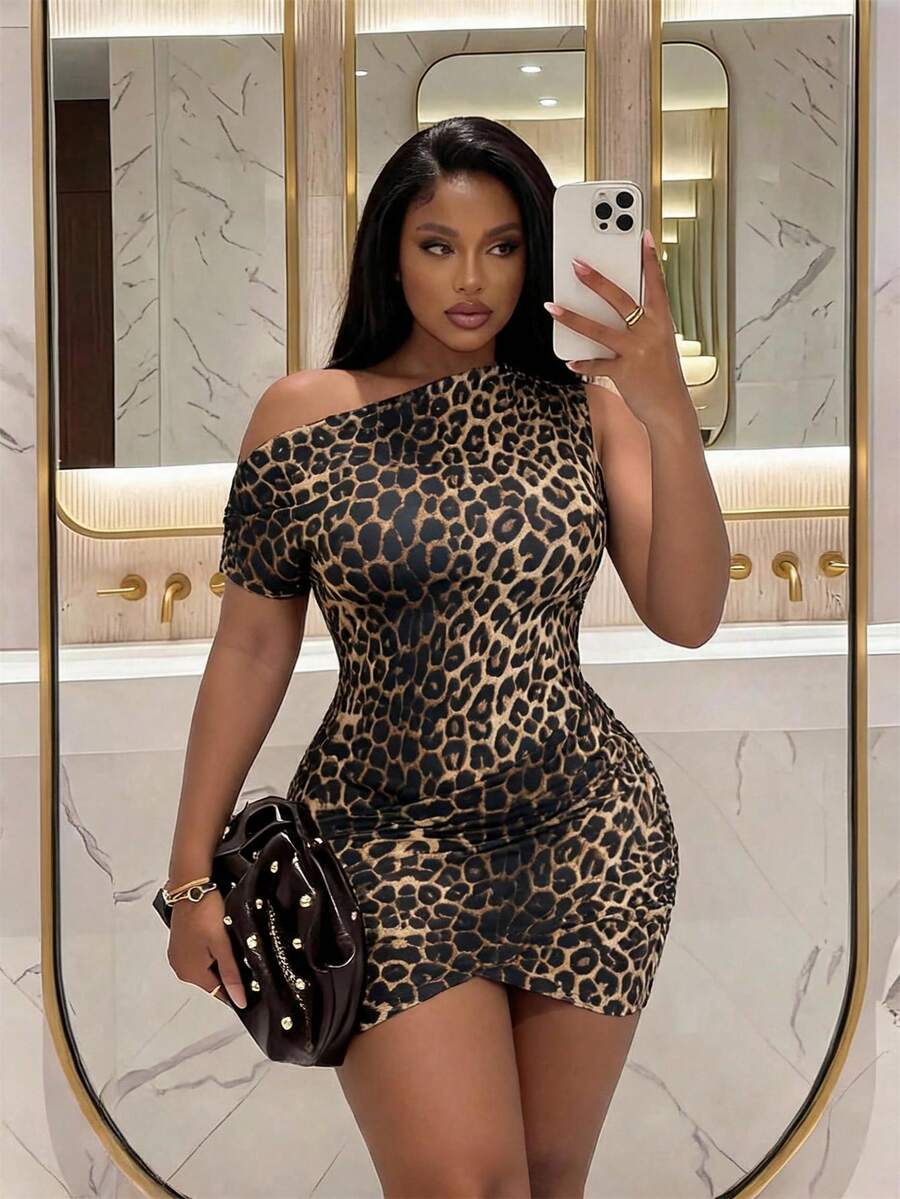 Slaydiva Summer Plus Size Mini Dress,Khaki,Classy,Night Out Club Elegant Asymmetric Sleeveless Ruched Hem Elastic Knit Party Wedding Graduation Slim Dress - Brown - View 1