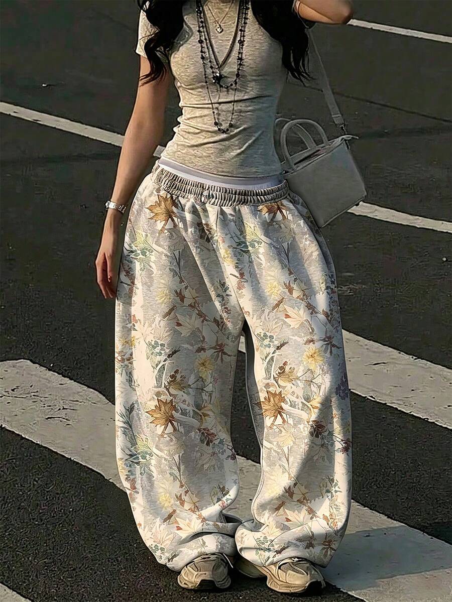 SHEIN 女款寬鬆葉子印花運動長褲 - 彩色 - 查看 1