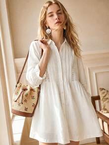 Écloséra Tall Women's French Style Versatile Lace Patchwork Single-Breasted Dress - White - View 3