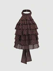Sweetra Spring/Summer Fashion Niche Brown Chiffon Polka Dot Halter Neck Multi-Layer Ruffle Sweet Style Lightweight Vacation Sexy Backless Tie-Up Women's Tank Top - Brown - View 1